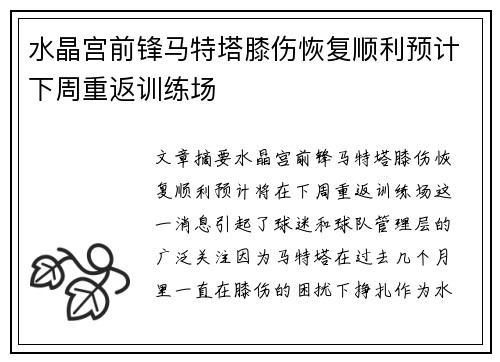 水晶宫前锋马特塔膝伤恢复顺利预计下周重返训练场 水晶宫前锋马特塔膝伤恢复顺利预计下周重返训练场